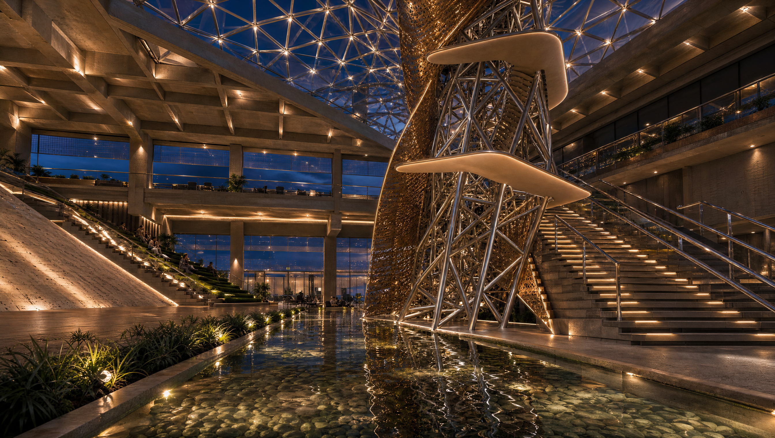 Higgsfield pool-level view of the Twist vortex stair and water at its base