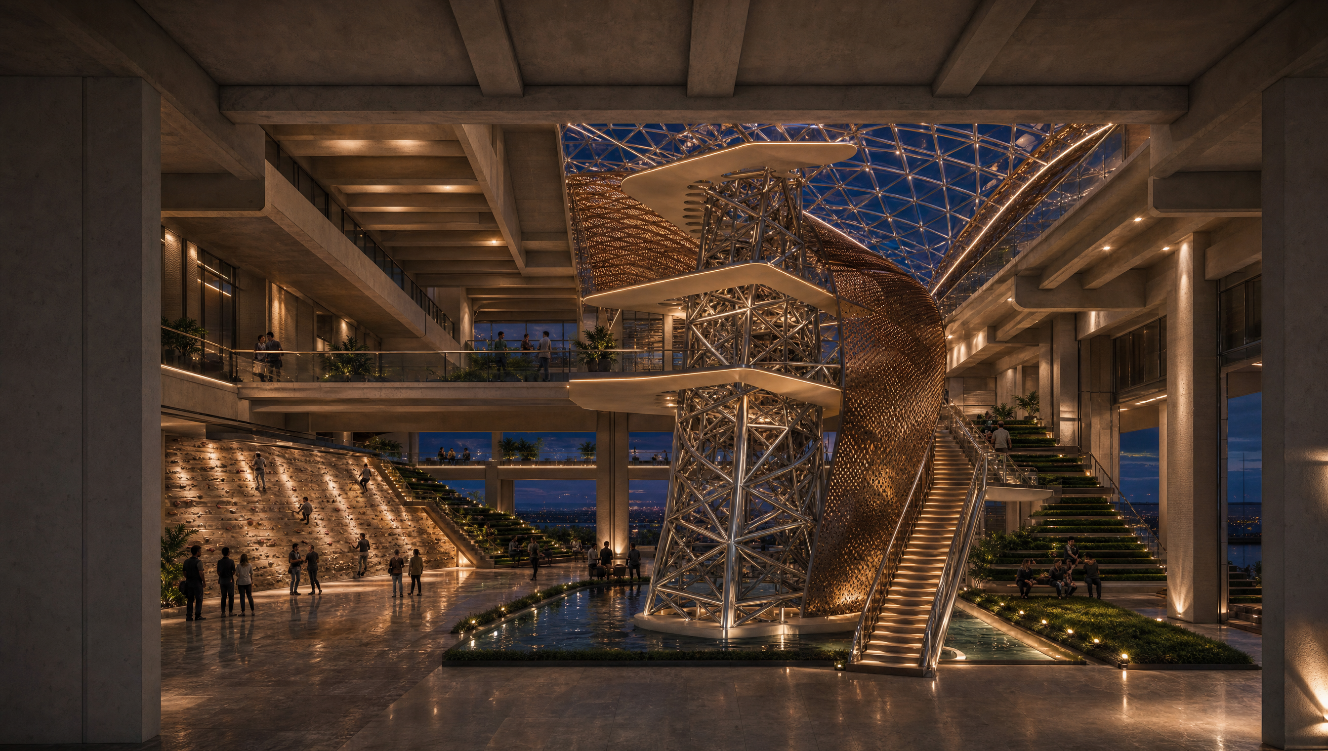 Higgsfield transverse camera view of bridges and landings around the diagrid