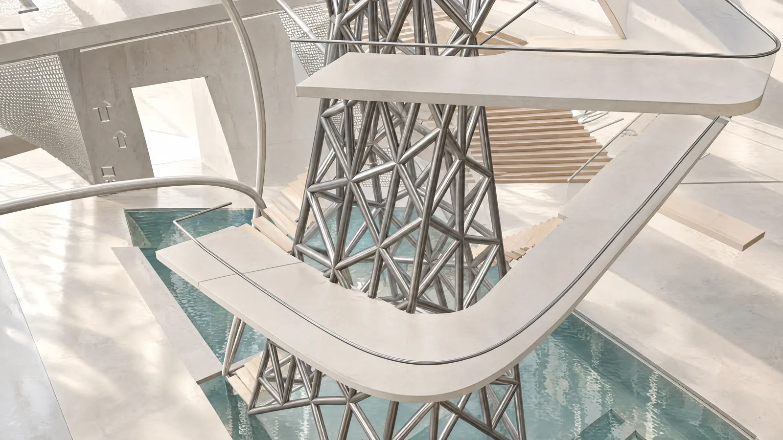 AI-assisted presentation study showing a woven central structure, stair landings and water beneath The Twist