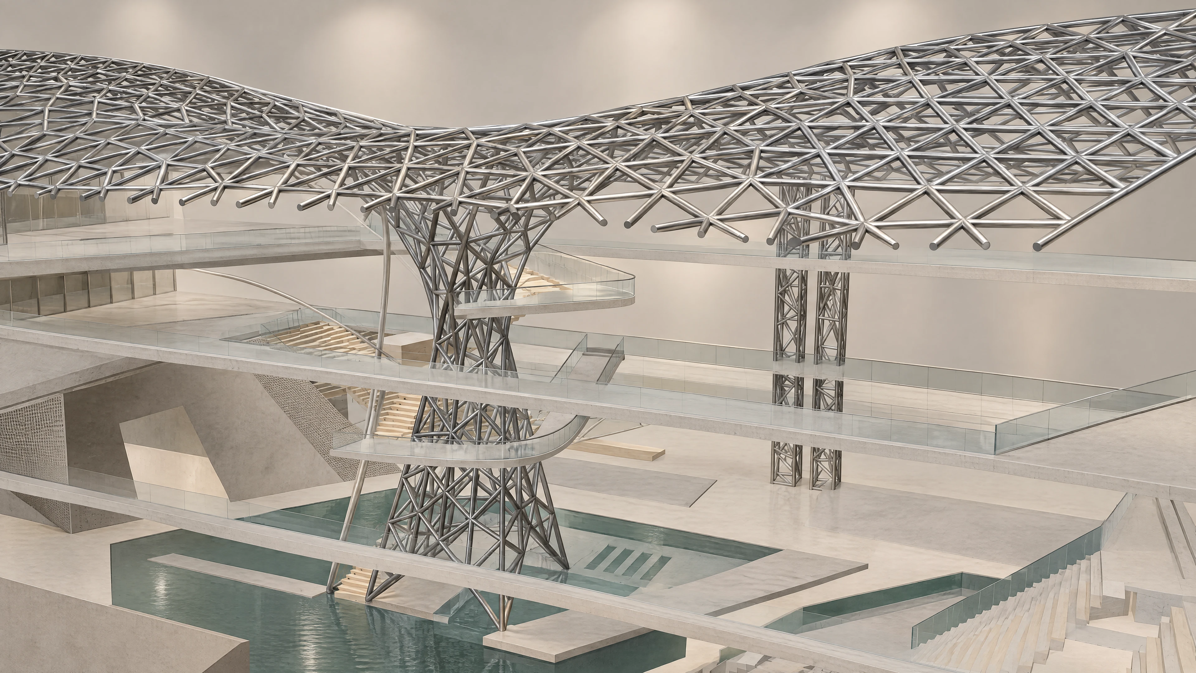 Warm grey architectural render of the Twist vortex and pond