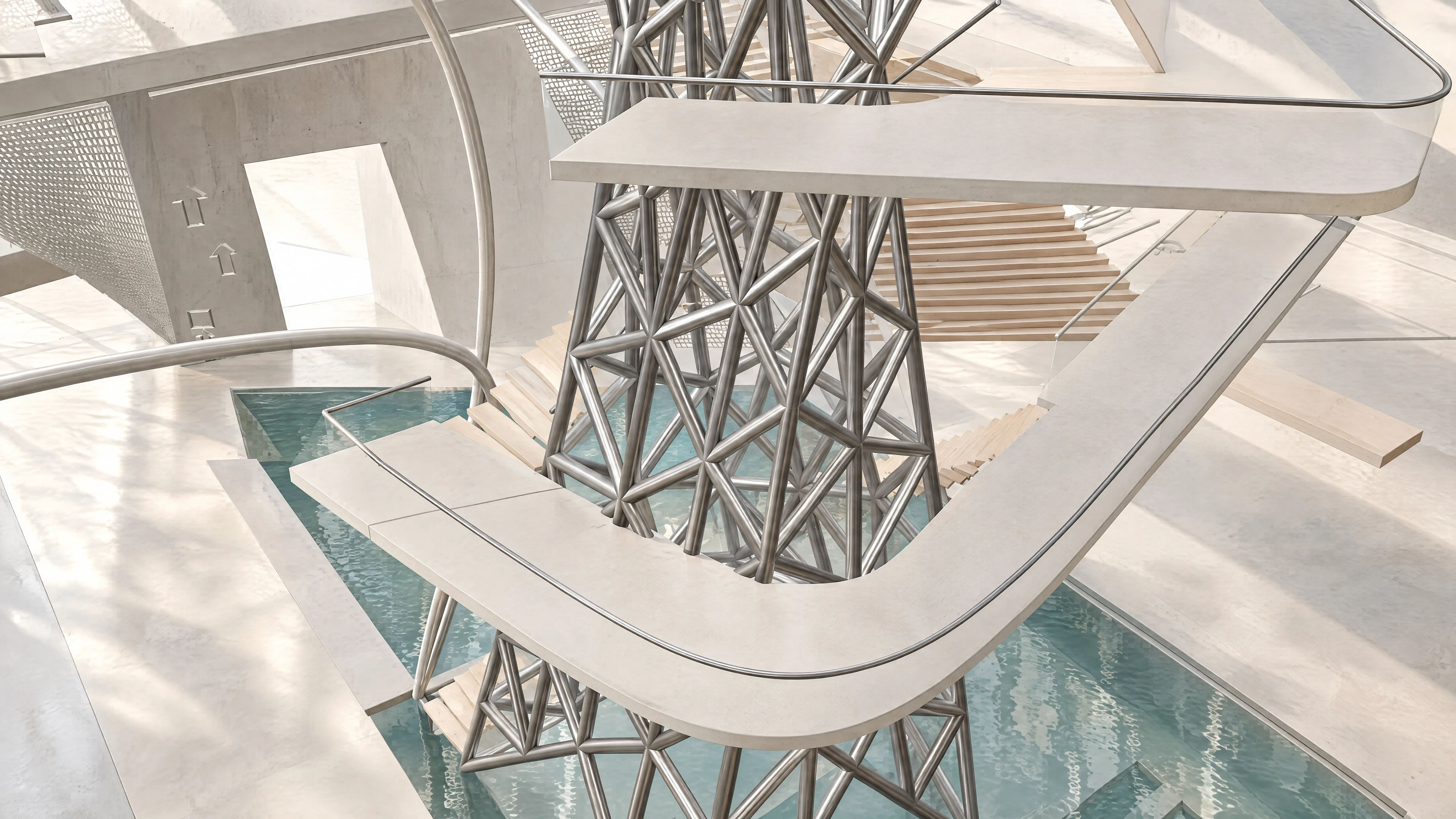 Detailed view of original stairs, landings and steel vortex above the pond