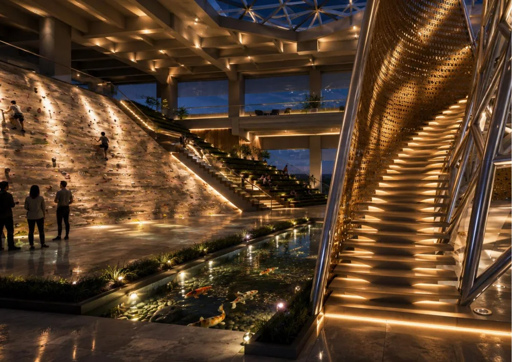 Interior study of The Twist vortex stair and water